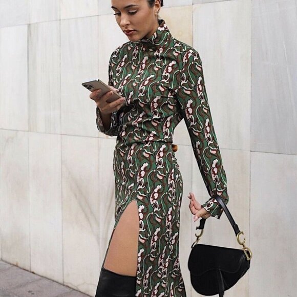 Zara Blogger Fave Paisly Print Green Brown Midi Dress Sz S - Picture 2 of 11